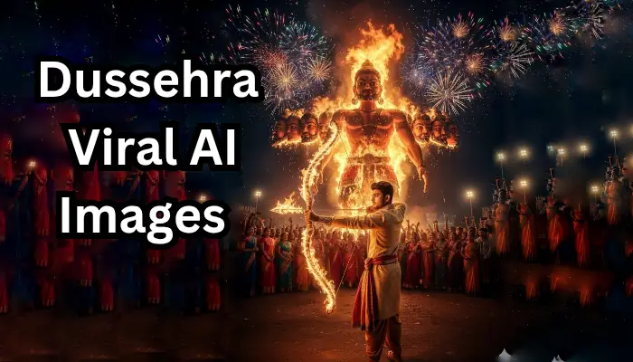 Creative Dussehra AI Image generated using Dussehra AI Image Prompts featuring festive elements and personalized photo with name.