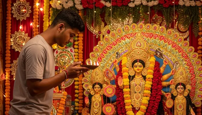 Durga Puja AI Image Prompts – Example of an AI-generated Navratri-themed image featuring festive colors and traditional Durga Maa elements.