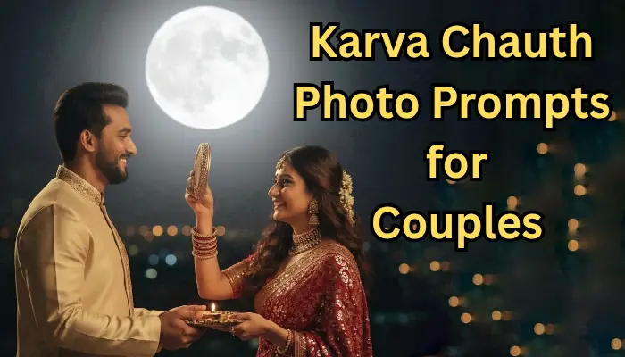 Gemini Karva Chauth Photo Prompts:-Indian couple celebrating Karva Chauth at night, woman in red saree holding channi and diya, man in cream sherwani, moonlit background created with Google Gemini