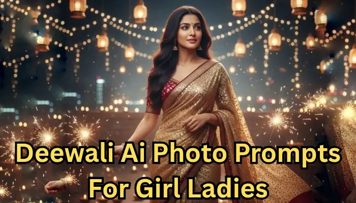 Diwali prompts for girls: woman in silk saree holding diya with warm fairy lights and marigold backdrop