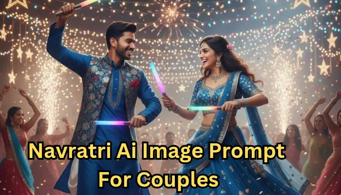 Couple celebrating Navratri with Garba and Dandiya, dressed in vibrant traditional outfits, created using Gemini AI Navratri couple prompts