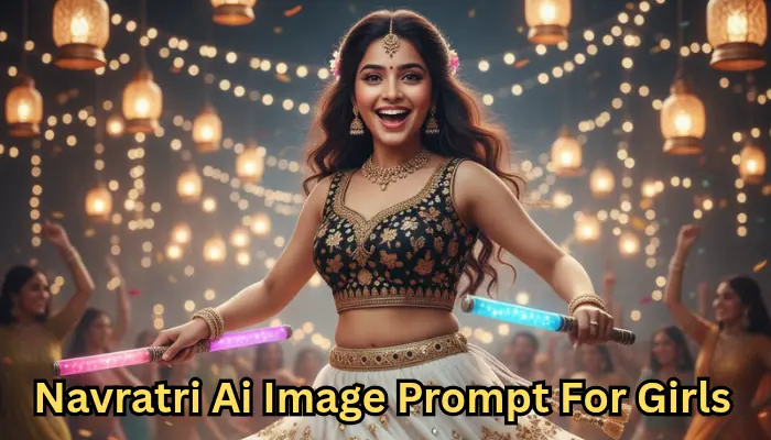Gemini Navratri AI Prompts for Girls:-AI-generated Navratri image of a Gemini girl in vibrant Garba attire, colorful lehenga, traditional jewelry, and festive Dandiya night setup