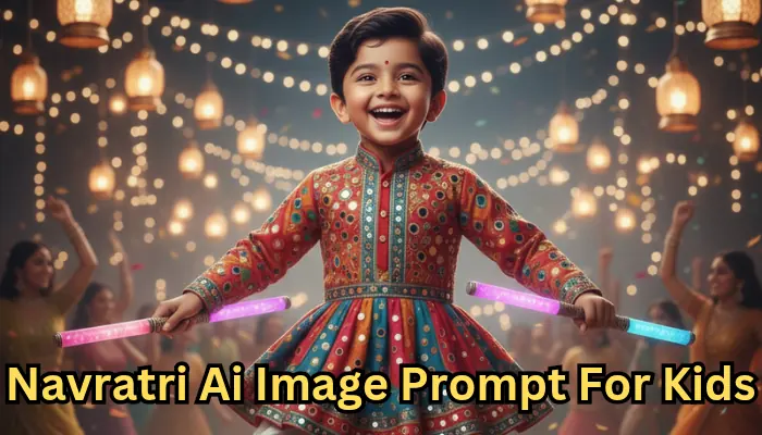 Gemini Navratri Prompts For Kids:- Cute baby boy and girl transformed into traditional Navratri Garba look using Gemini AI prompts with colorful chaniya choli and kurta pajama outfits