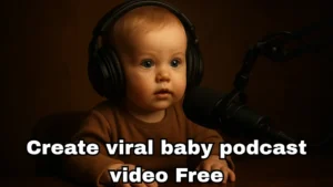 Cute baby podcast host with headphones and microphone in a cozy studio setting, creating a viral baby podcast video.