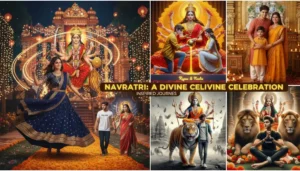 Navratri AI Images:Vibrant Navratri AI-generated image with colorful traditional decorations and Goddess Durga in the background.