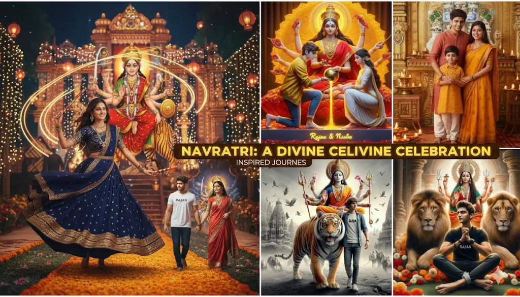 Navratri AI Images:Vibrant Navratri AI-generated image with colorful traditional decorations and Goddess Durga in the background.