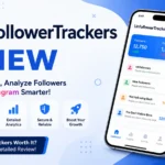 UnfollowerTracker review banner showing Instagram unfollower tracking dashboard and analytics features