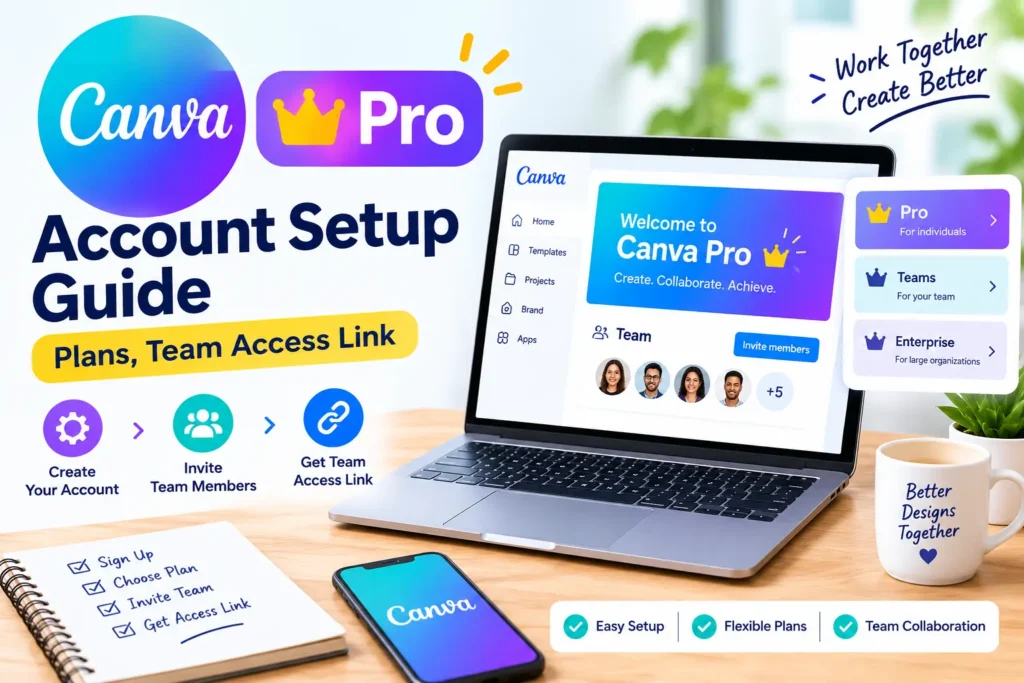 Canva Pro account setup guide showing plans, team access and billing settings