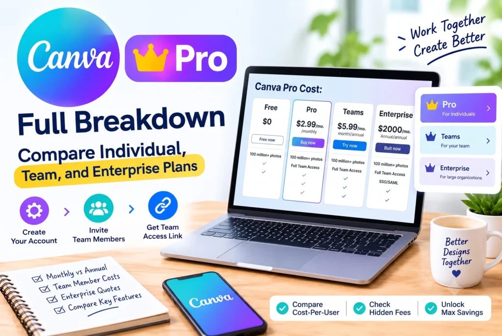 Canva Pro account setup guide showing plans, team access and billing settings
