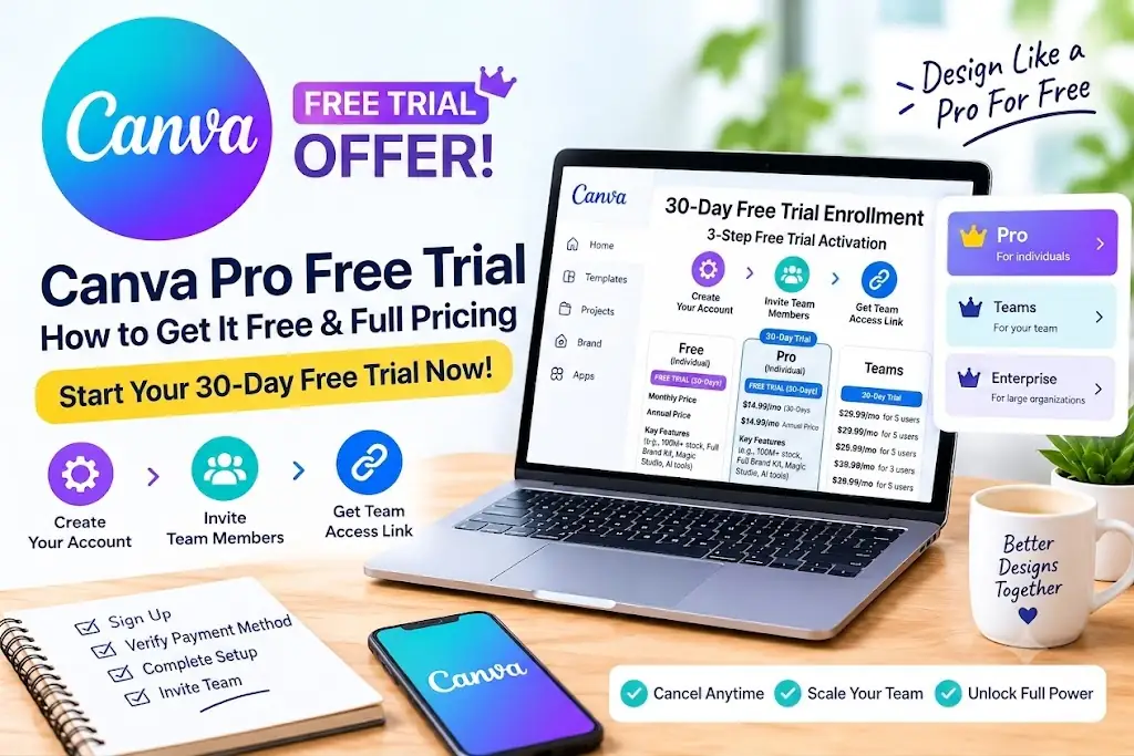 Canva Pro free trial screen showing how to activate 30-day free access